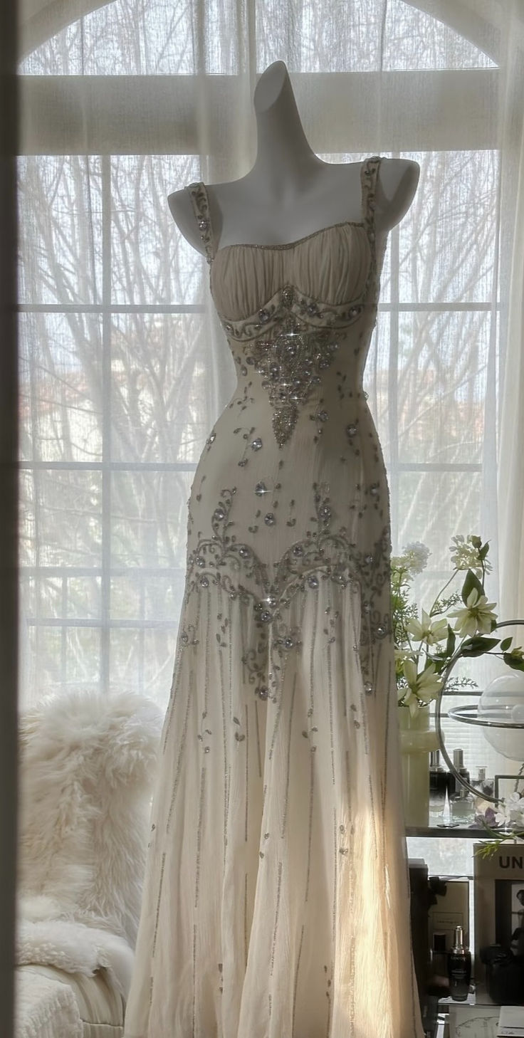 Ivory A Line Straps Beaded Chiffon Long Prom Dress Graduation Prom Dresses