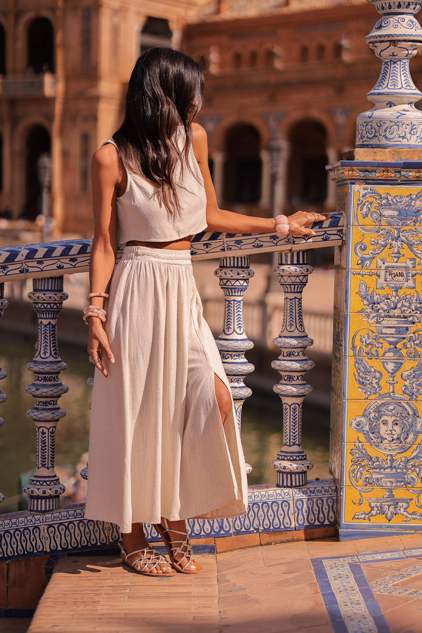 Jupe Duna beige longue taille élastique avec bande tressée