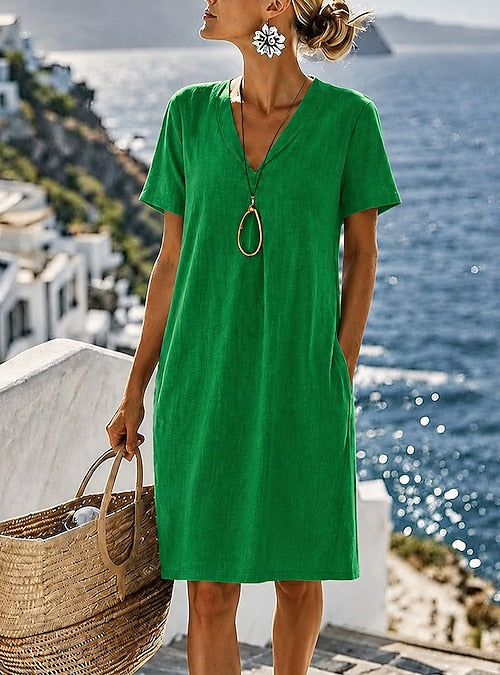 Women's Cotton Linen Dresses Knee Length Dress Shift Dress Summer Dress Casual Loose Fit Plain Short Sleeve V Neck Blue Yellow Green Summer Spring 2026