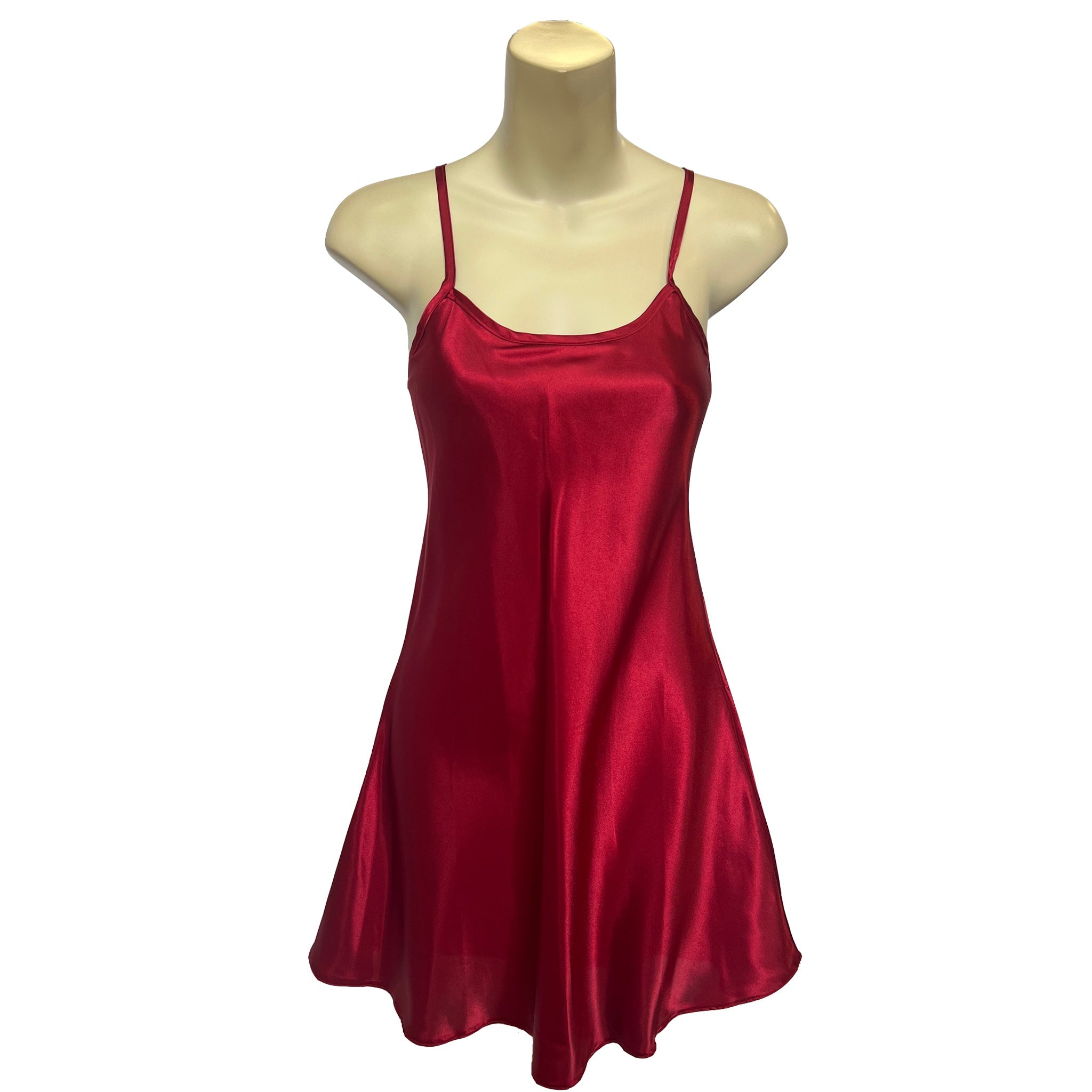 plain shiny silky red satin chemise nightie which is short length with fixed straps and a round neck detail in UK sizes 12, 14, 16, 18, 20, 22, 24