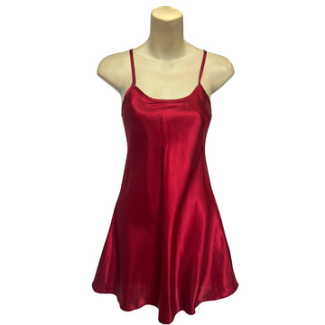 plain shiny silky red satin chemise nightie which is short length with fixed straps and a round neck detail in UK sizes 12, 14, 16, 18, 20, 22, 24