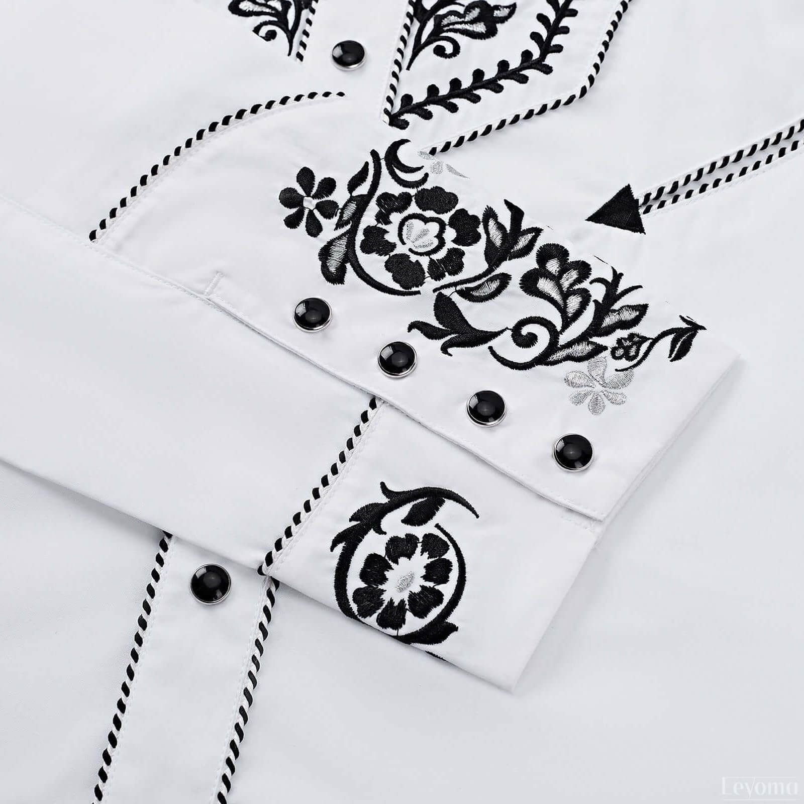 White floral embroidered men's western pearl snap shirt - embroidered cuff and snap detail