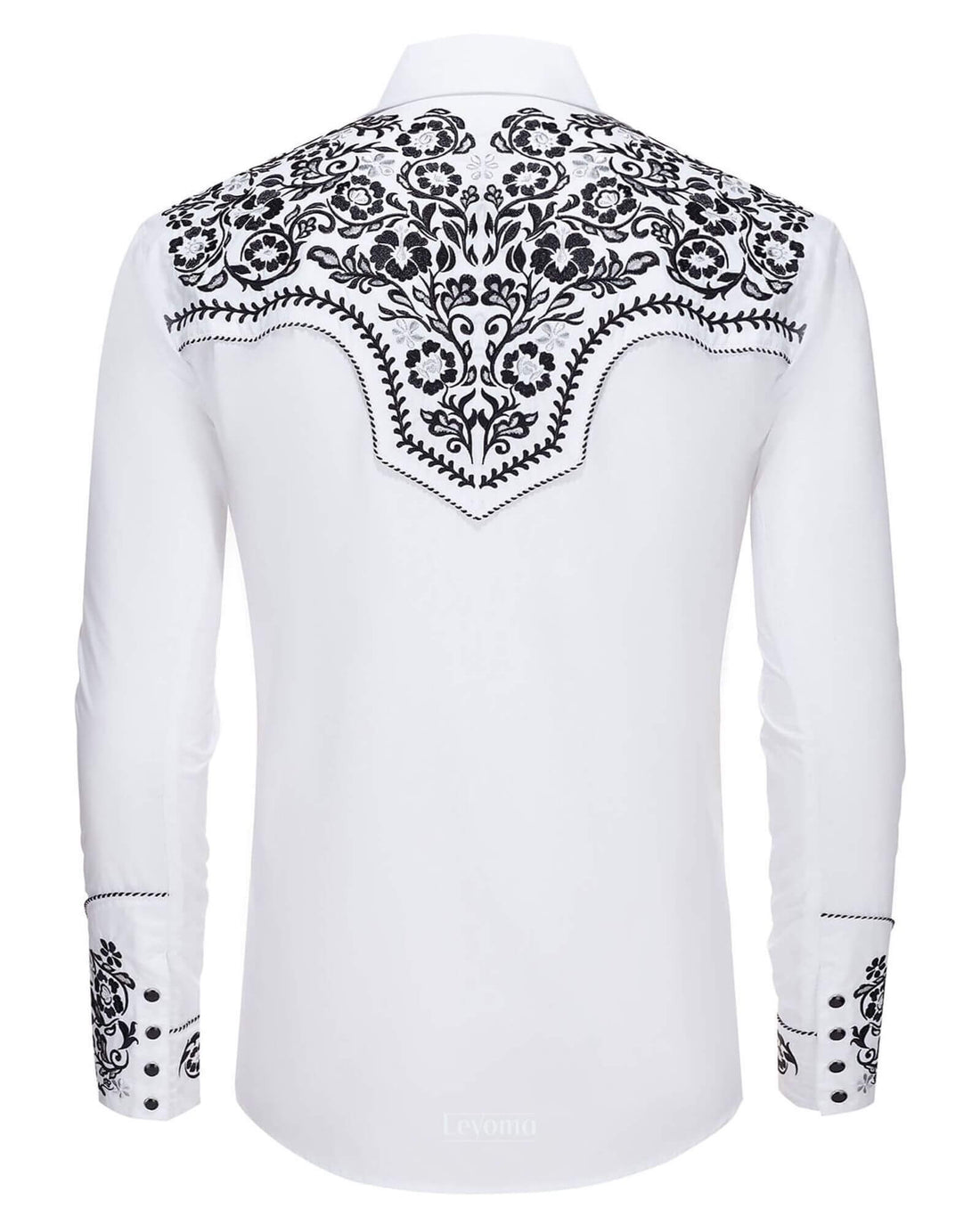 White floral embroidered men's western pearl snap shirt - front view