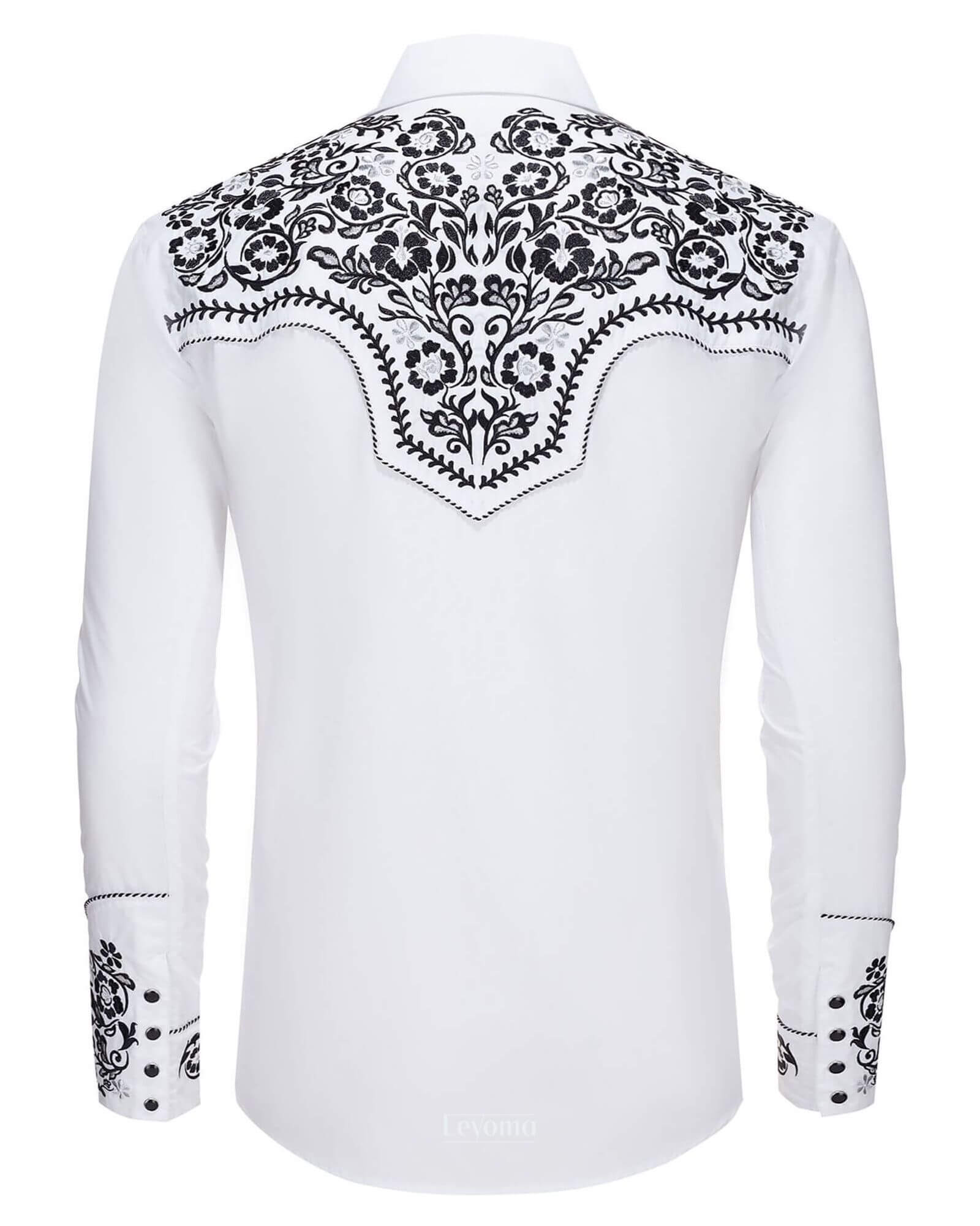 White floral embroidered men's western pearl snap shirt - back view