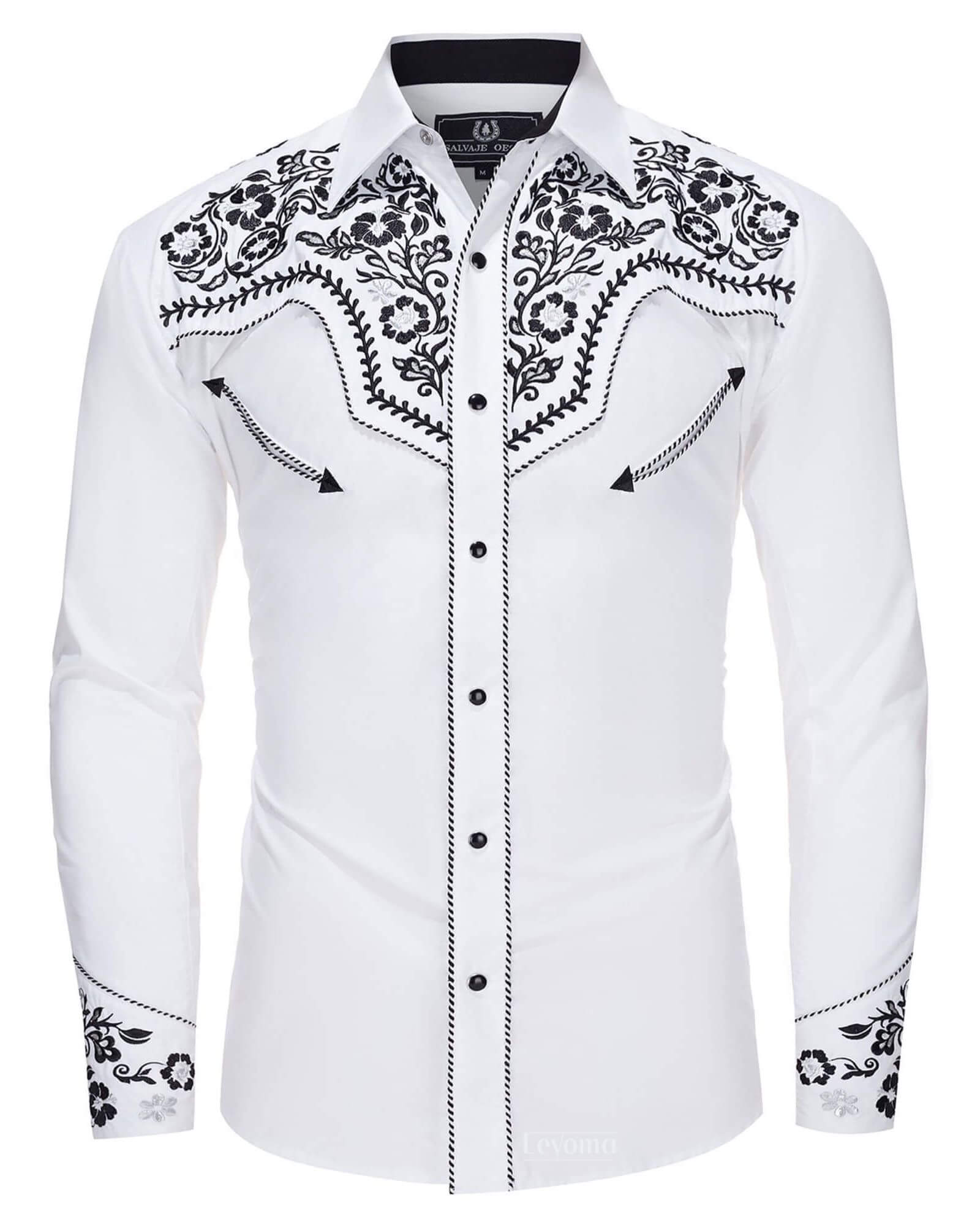 White floral embroidered men's western pearl snap shirt - front view