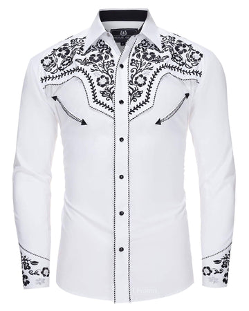 White floral embroidered men's western pearl snap shirt - front view