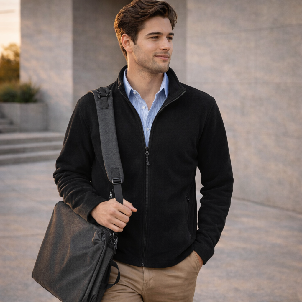 Black zip-up fleece jacket on Leyton utility heather laptop bag