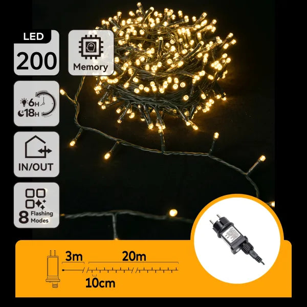Aigostar lichtsnoer warm wit 200 leds met 8 knippermodi en 3 meter snoer voor binnen en buiten gebruik