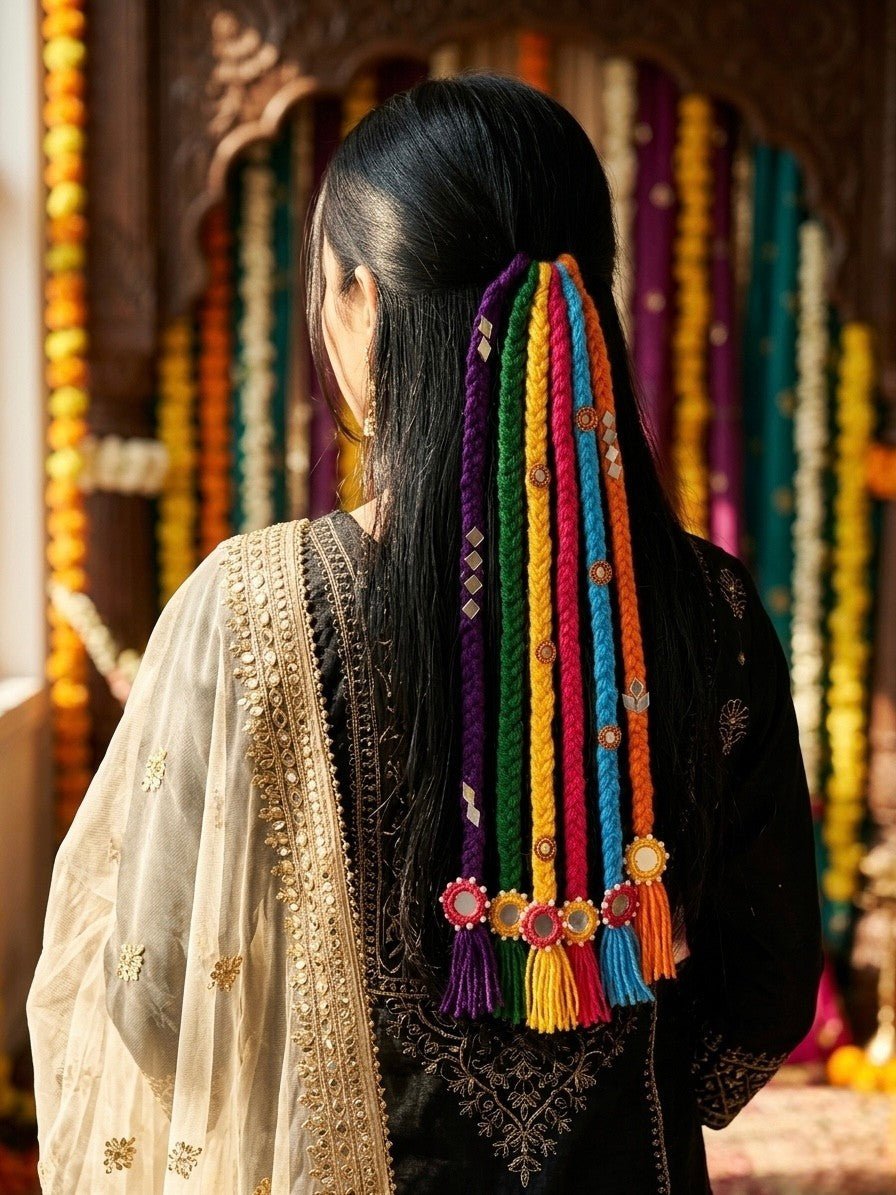 Lily bohemian braided hair accessory with rainbow yarn, mirrors, and tassels attached to black hair.