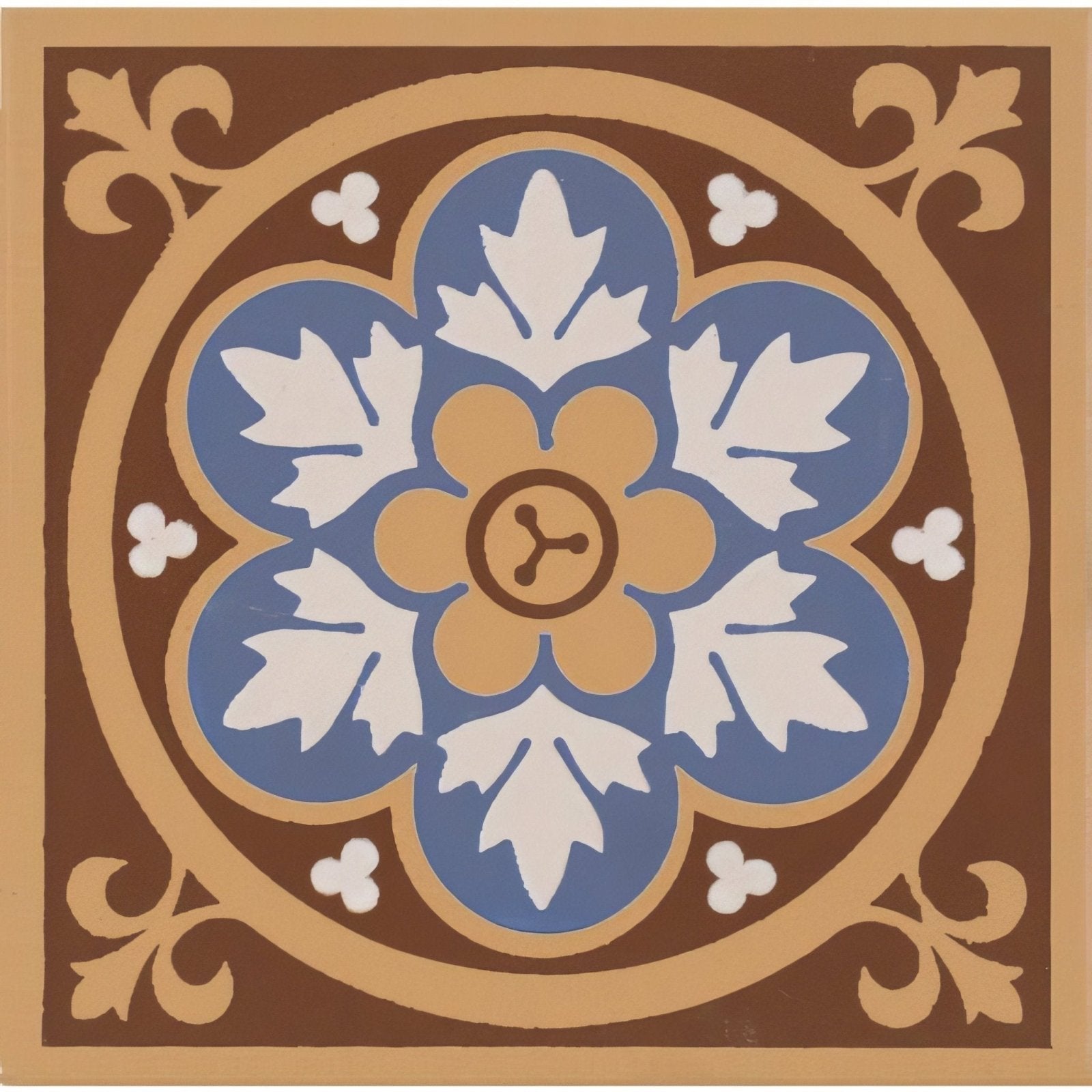 Livingstone blue ceramic tile with brown and blue floral pattern and cream-colored accents for decorative use