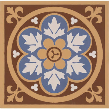 Livingstone blue ceramic tile with brown and blue floral pattern and cream-colored accents for decorative use