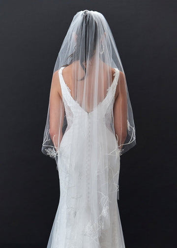 Short Wedding Veil with Hand Beaded Floral Edge | Lotus Threads Bridal