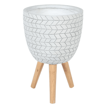 LuxenHome White Cube Design 12.1 in. Round MgO Planter with Wood Legs - Mervyns