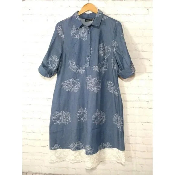 Nina Leonard Elbow Sleeve Button Blue Denim Dress, Sz 12 Floral Embroider
