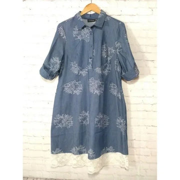 Nina Leonard Elbow Sleeve Button Blue Denim Dress, Sz 12 Floral Embroider