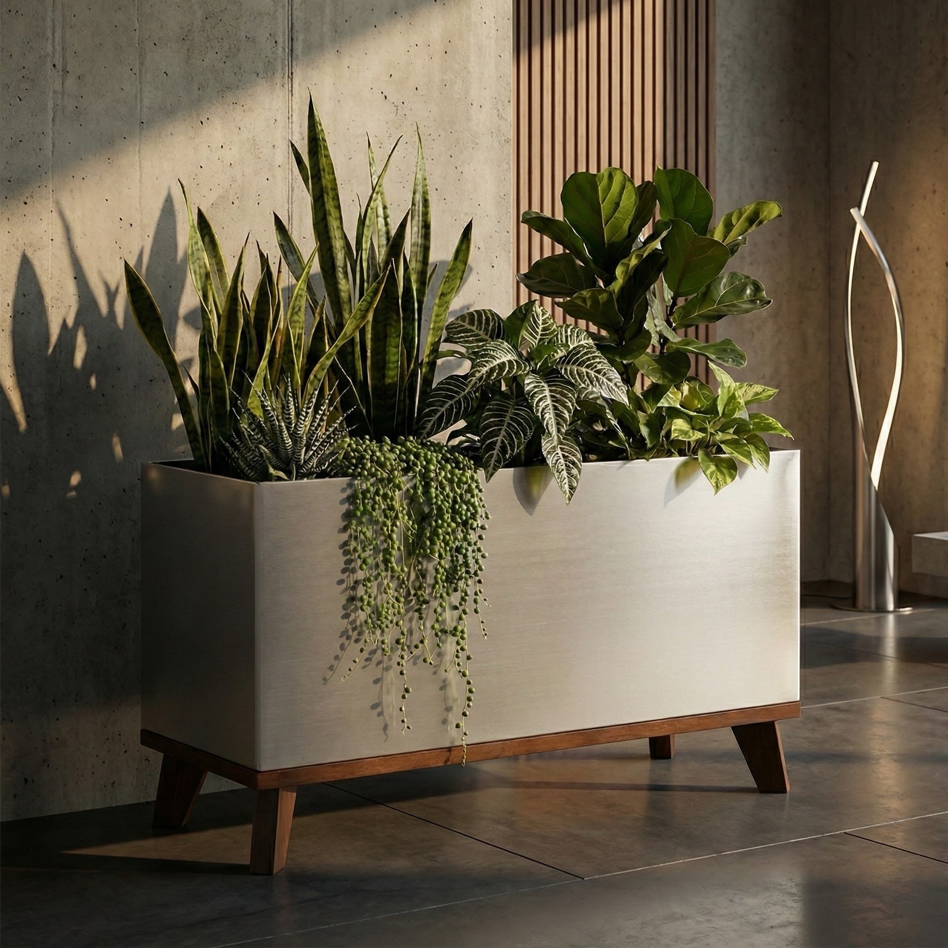 High end indoor planter raised rectangular aluminum metal with plants in a modern indoor setting. Madeira by NMN Designs