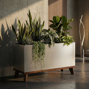 High end indoor planter raised rectangular aluminum metal with plants in a modern indoor setting. Madeira by NMN Designs