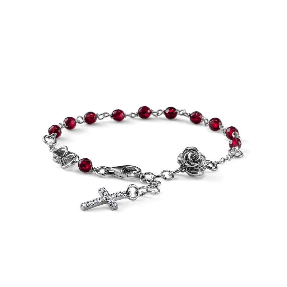 MARIA CRISTINA STERLING BRACCIALE DONNA COLLEZIONE ROSE ARGENTO E AGATA RUBINO CON ROSA E CROCE