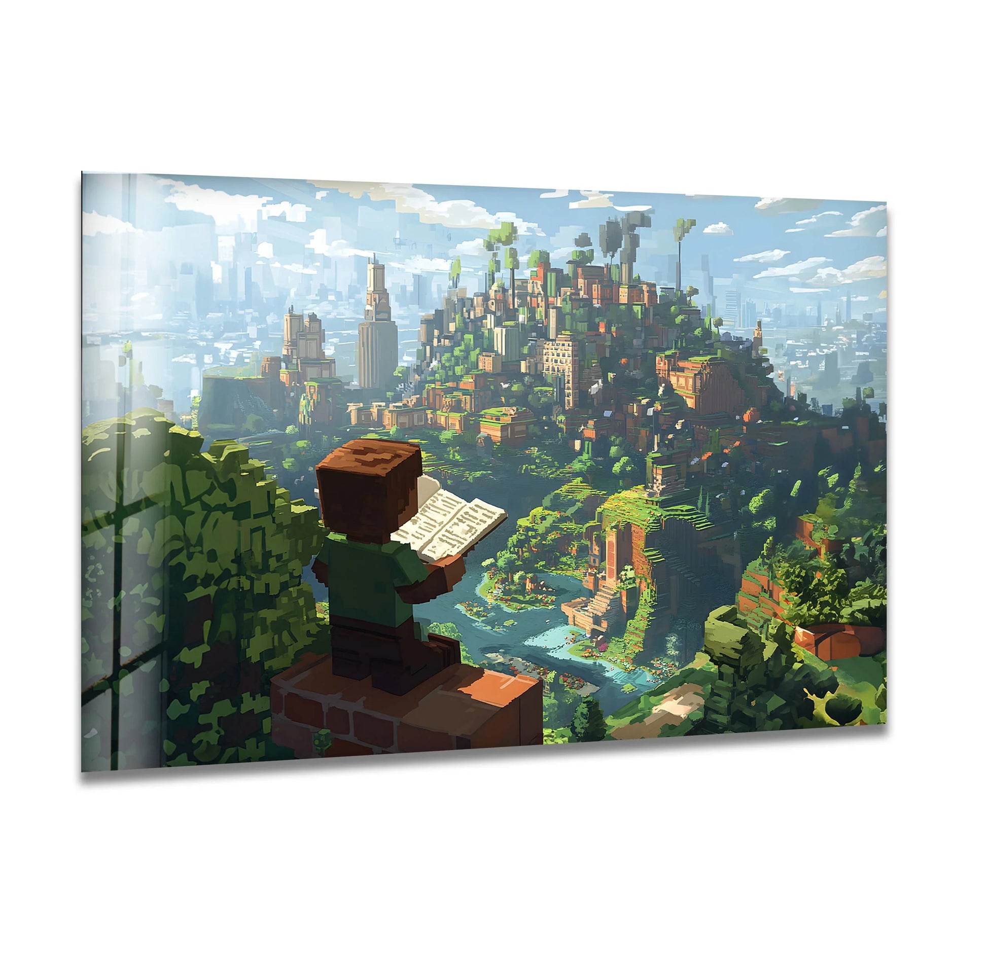 Warm sunlight bathes the unique modern wall decor featuring a pixel explorer gazing upon a floating jungle city, contrasting the cool cityscape backdrop.