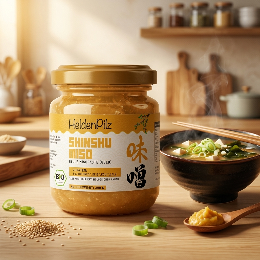 BIO Miso Shinshu im Glas mit japanischer Ramen-Miso-Suppe, Tofu, Wakame und Chopsticks