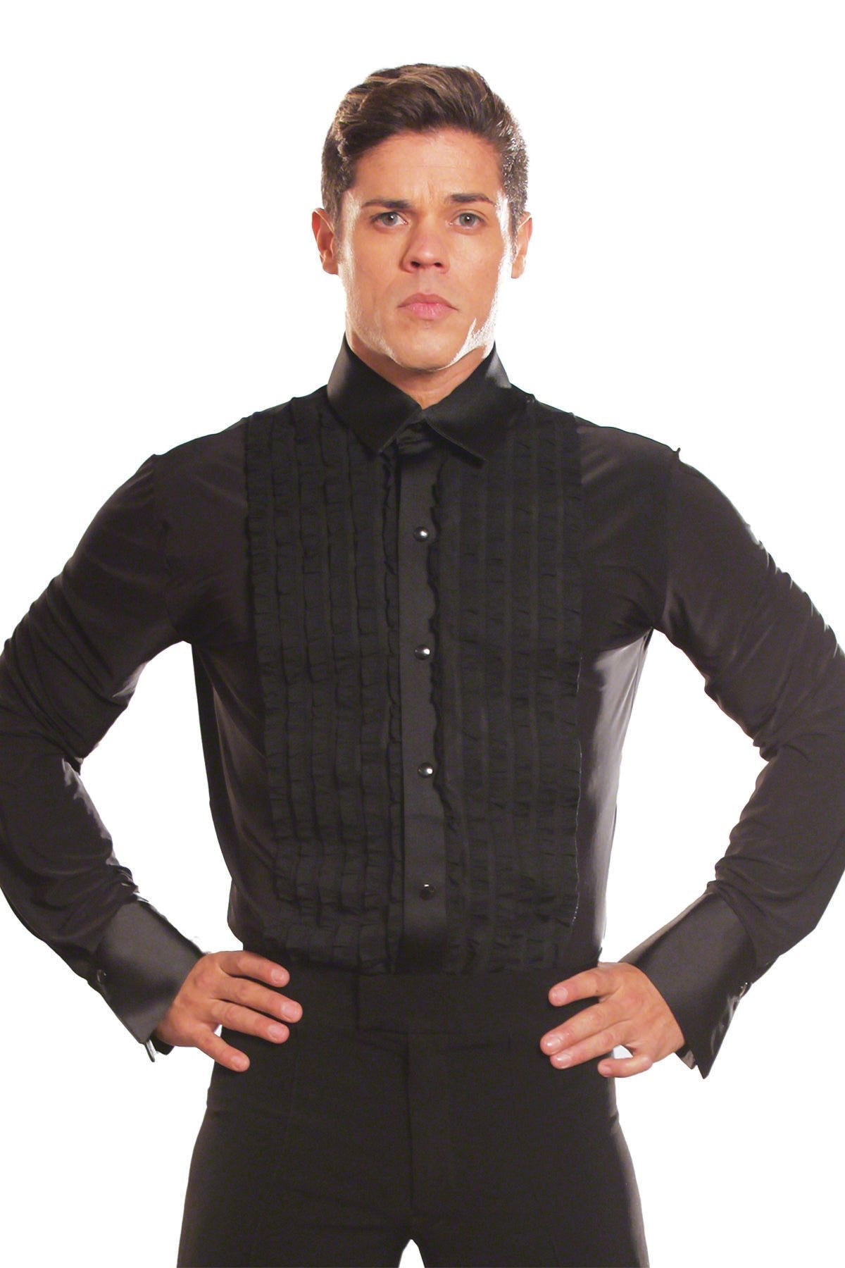 Dance America ruffled tuxedo black ballroom shirt with trunks for men