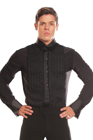 Dance America ruffled tuxedo black ballroom shirt with trunks for men