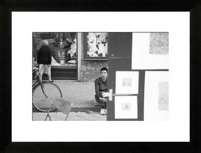 Black and white framed photograph of a Florence street portrait, 18x22 print.