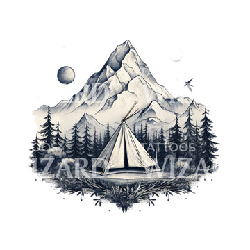 Teepee Tent and Mountain Landscape Tattoo Design