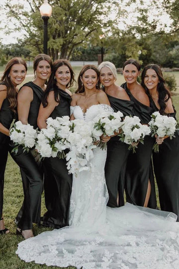 One Shoulder Bridesmaid Dresses Black Satin Pleated with Slit