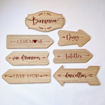 Lot 7 flèches directionnelles en bois | Panneaux de signalisation - Signalétique mariage