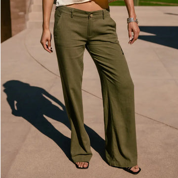 pantalon femme vert olive coupe large fluide jambe longue tombe naturel