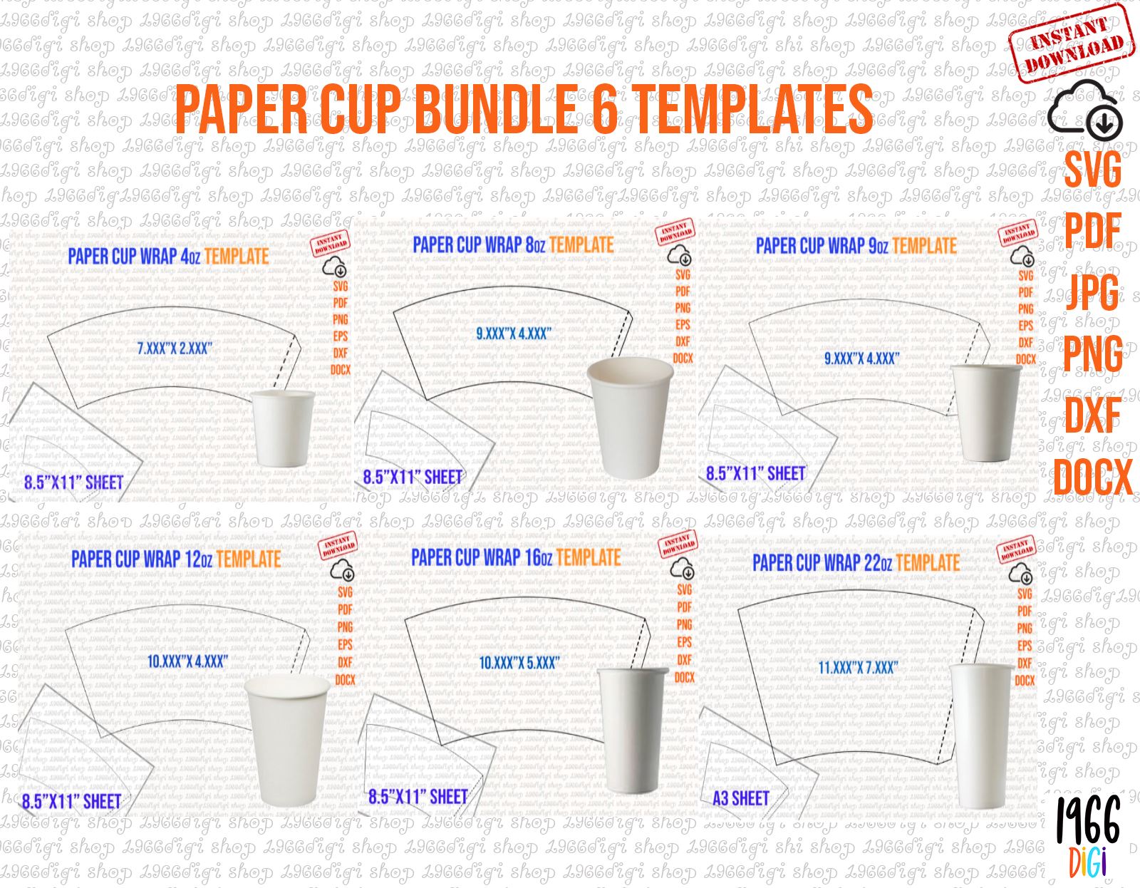 Paper Cup Bundle Template, 4oz, 8oz, 9oz, 12oz, 16oz, 22oz, Full Wrap, Styrofoam Coffee Cup, sublimation Template, Svg Png Pdf Eps Dxf SVG 1966digi