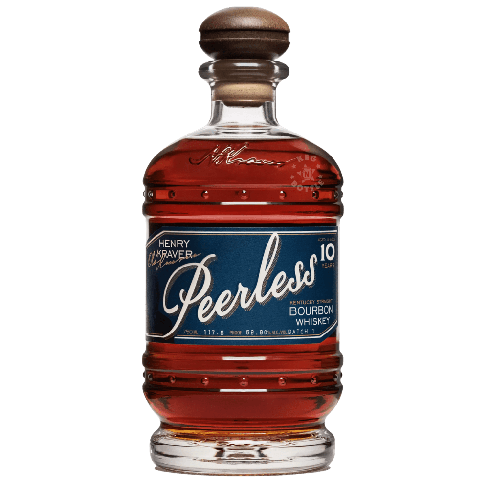 Peerless Henry Kraver 10 Year Bourbon Whiskey Batch 1 bottle with blue label and wooden cork