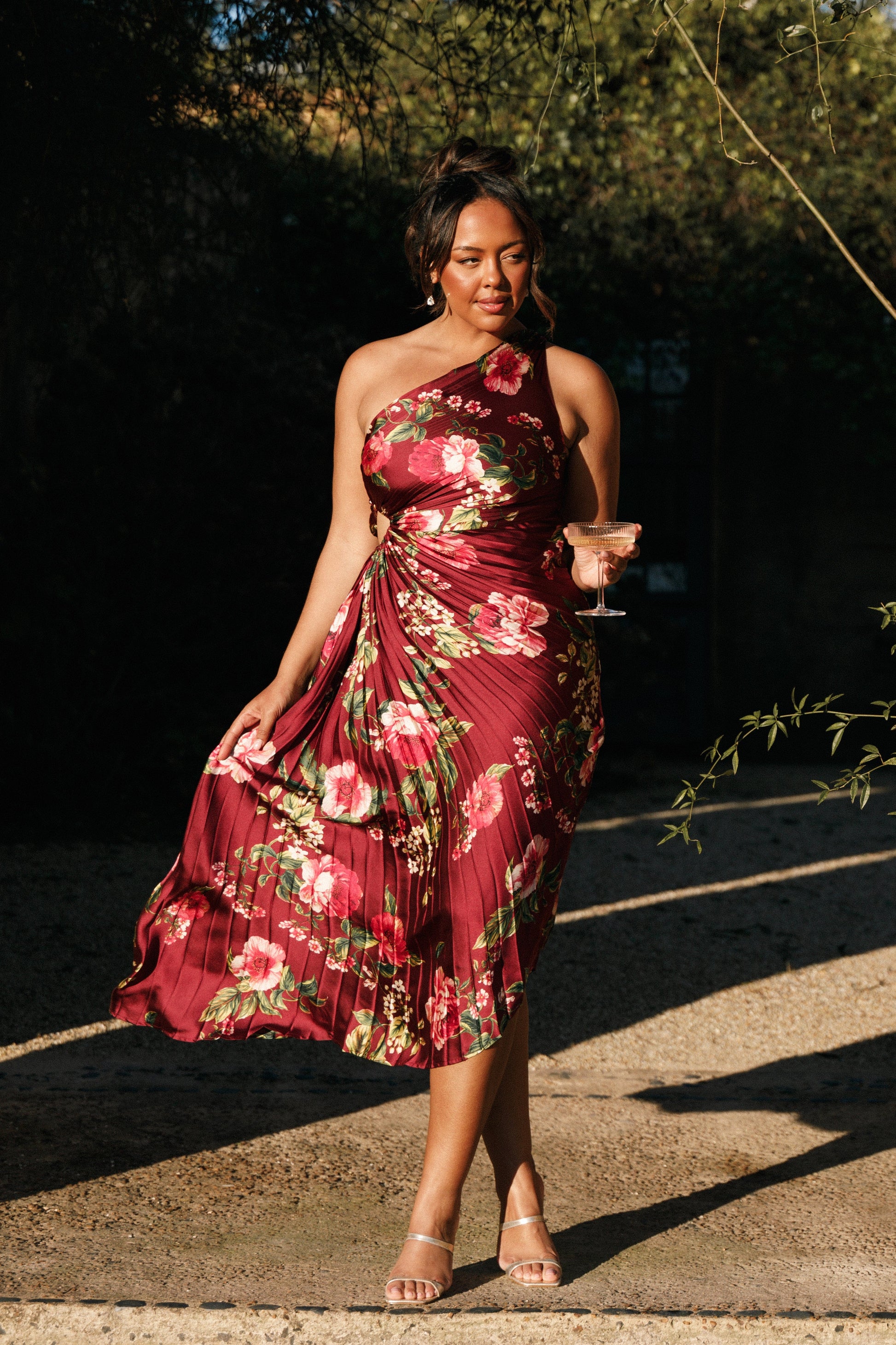 Petal and Pup USA DRESSES Kleo One Shoulder Maxi Dress - Burgundy Floral