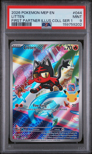 2026 Pokemon Mep En-me Black Star Promo 044 Litten First Partner Illustration Collection Series 1 PSA 9 Graded Card