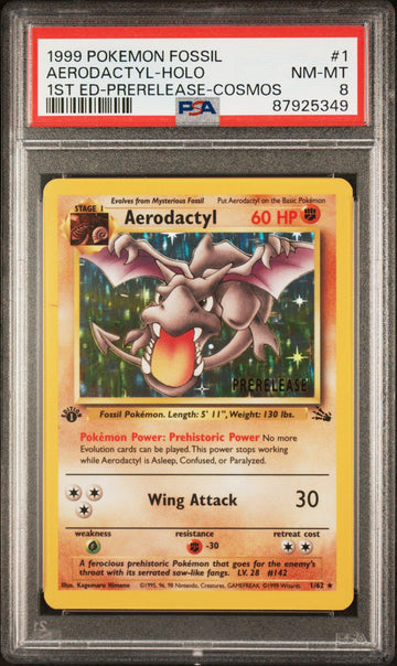 1999 Pokemon Fossil 1 Aerodactyl-holo 1st Edition-prerelease-cosmos PSA 8 Graded Card
