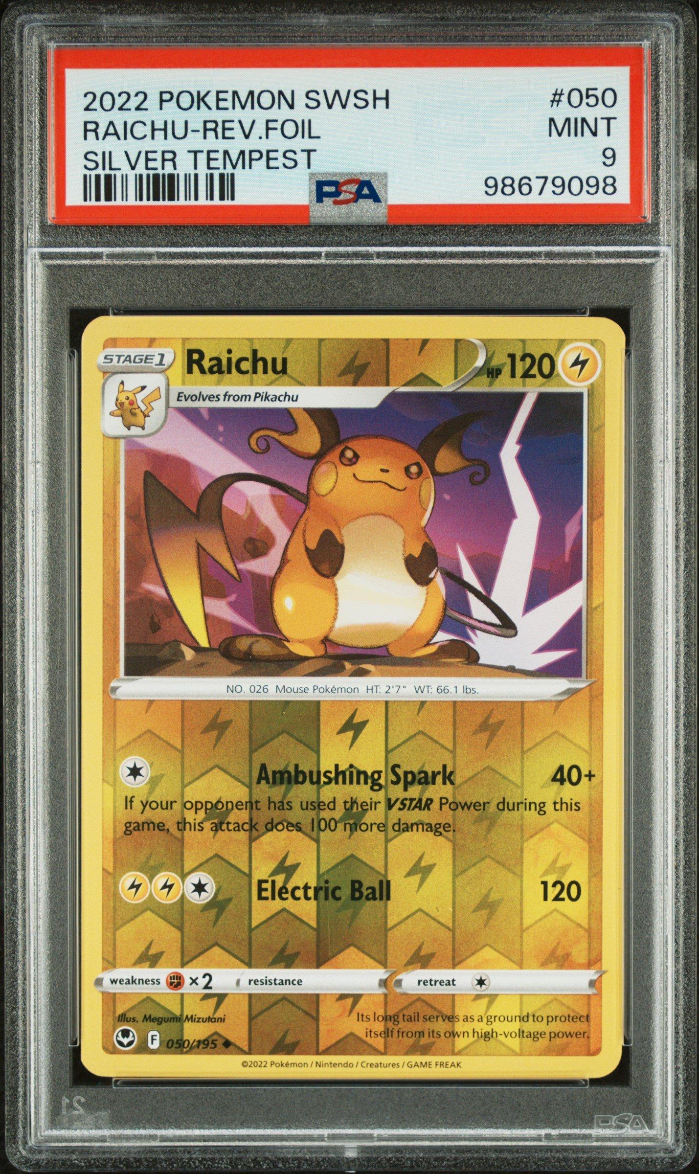 2022 Pokemon Sword & Shield Silver Tempest 050 Raichu-reverse Foil PSA 9 Graded Card