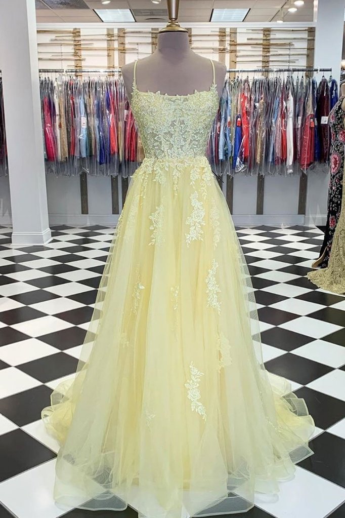 Yellow Lace Applique Prom Dresses 2023 Spaghetti Straps A Line Senior Prom Gowns Vestido De Fi on Luulla