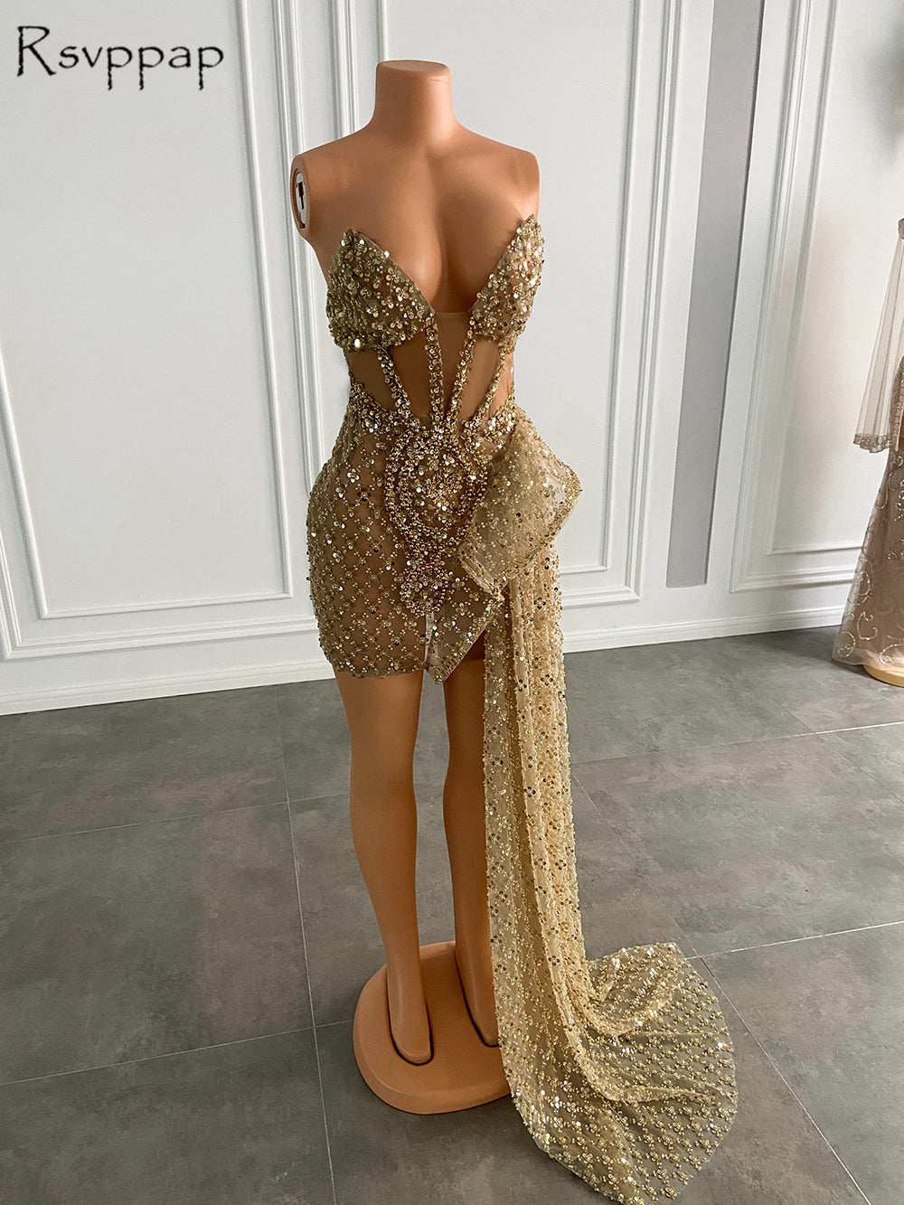 P3765 Sparkly Sweetheart Sleeveless Gold Sequined African Black Girls Short  Prom Dresses 2022 With Side Train For Birthday