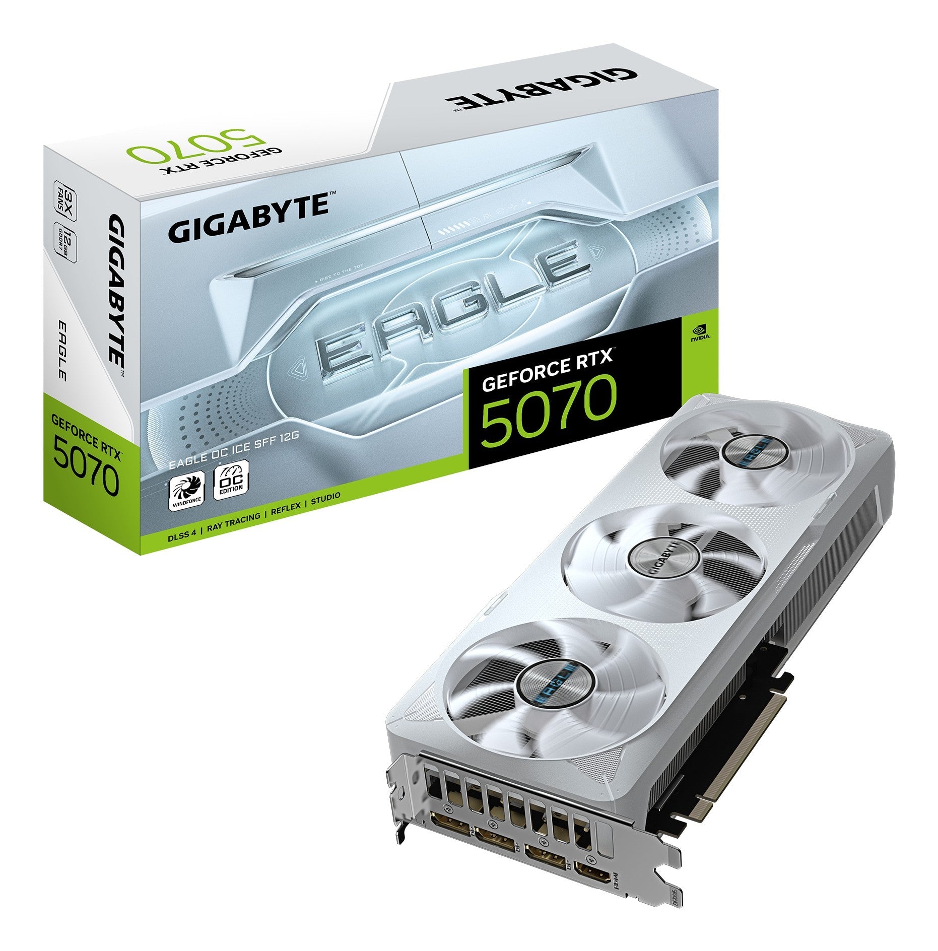 Gigabyte GeForce RTX 5070 Eagle OC ICE SFF 12G - 12GB GDDR7, HDMI, 3x DP - GDDR7/12GB/CUDA® Cores 6144/2587 MHz/PCI - E 5.0 - Grafikkarte