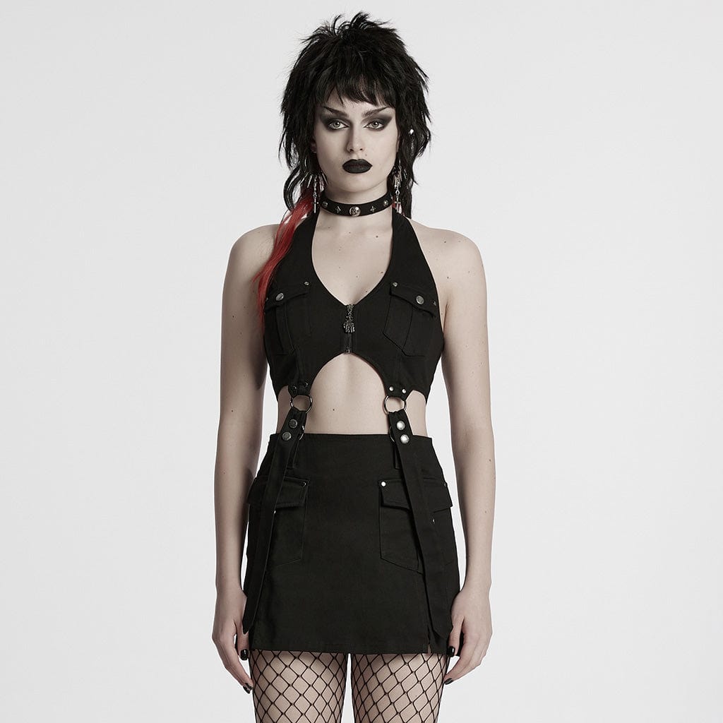 PUNK RAVE Women's Punk Multi-pockets Halterneck Tank Top with Skirt