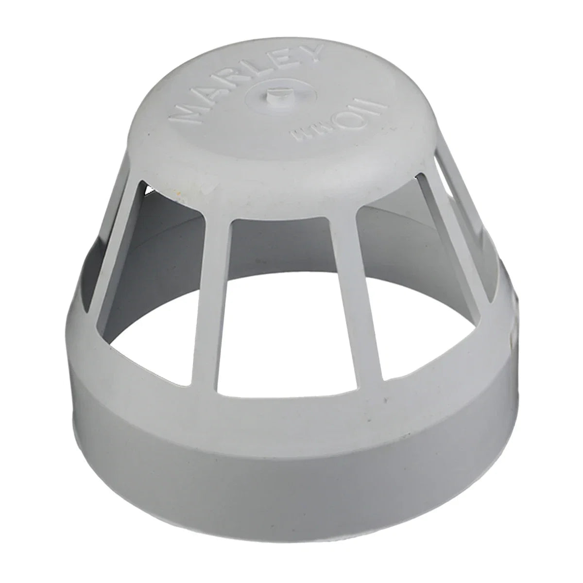 A grey PVC soil/vent air vent cowl, featuring a slatted design and 'MARLEY 110MM' molded on top, for plumbing applications.
