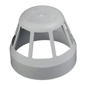 A grey PVC soil/vent air vent cowl, featuring a slatted design and 'MARLEY 110MM' molded on top, for plumbing applications.