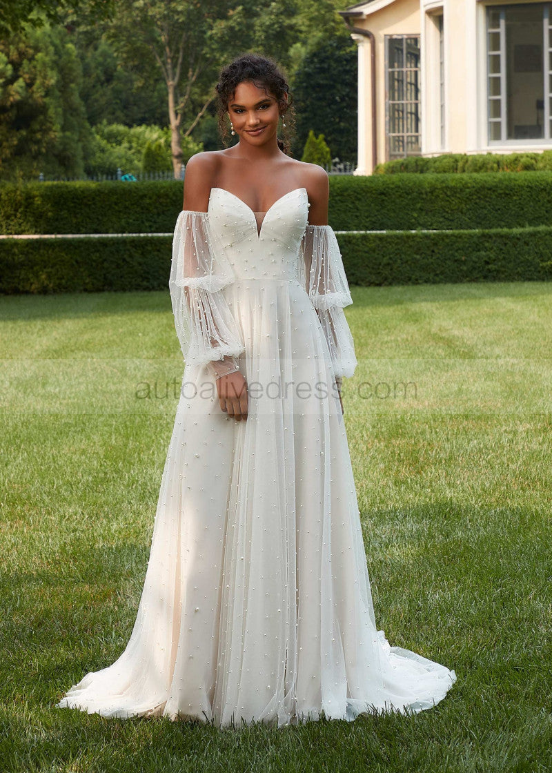 A-line Ivory Pearl Beaded Tulle Keyhole Back Graceful Wedding Dress