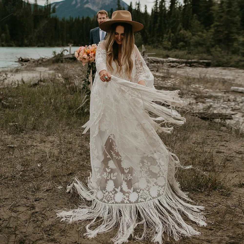 Boho Fringe GYPSY wedding dress with Tassel V-Neck and Lace Detailing