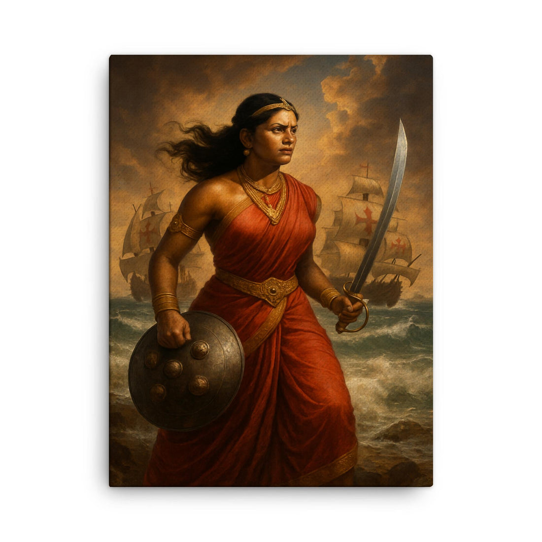 Rani Abbakka facing Portuguese warships canvas print on a plain backdrop in size 18"x24".