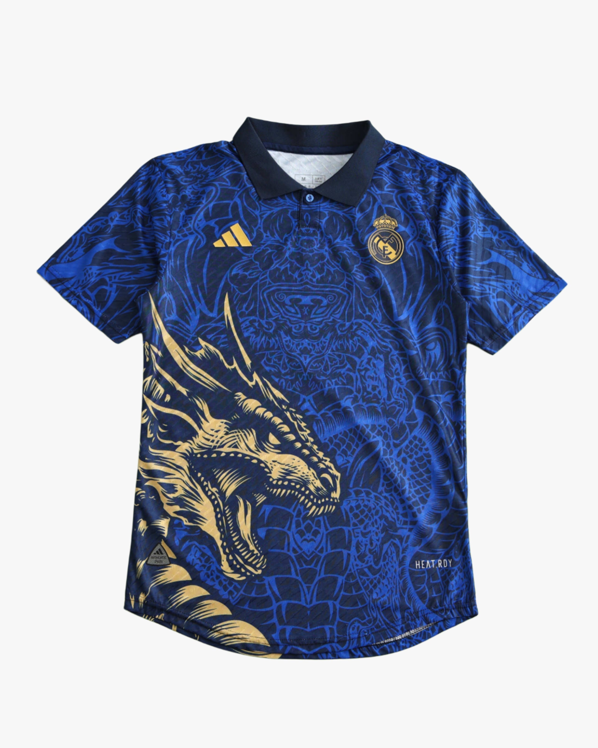 Royal blue Real Madrid Year of Loong football jersey with gold dragon print, navy collar and gold crest