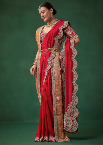 Red Bridal Silk Zardozi Saree with Unstitched Blouse