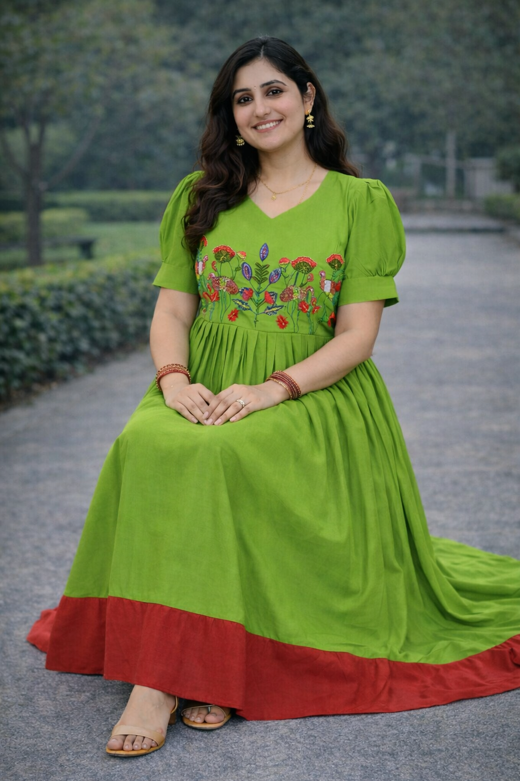 {Size-XL} Trending Mul cotton parrot green color frock