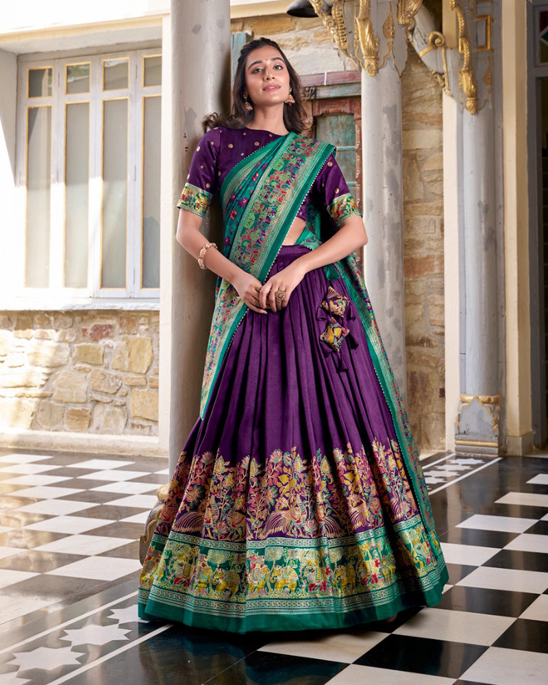 Purple silk half saree lehenga with printed design and Foli work